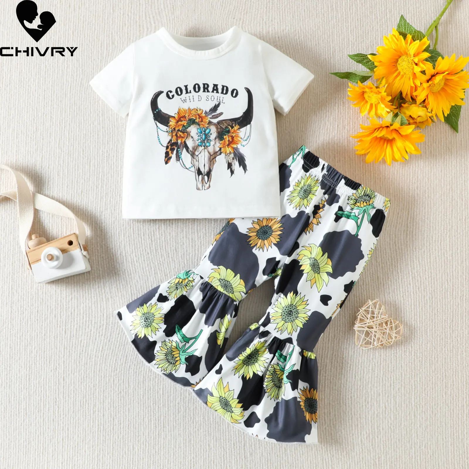 

Baby Girl Clothing Sets New 2023 Summer Girls Cartoon Letter Print Short Sleeve O-neck T-shirt Tops with Floral Flared Trousers