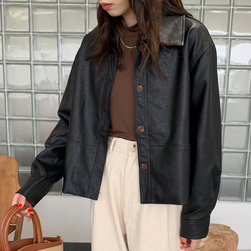 Casual Women's Leather Jacket Spring Autumn 2024 New Retro Lapel Single Breasted Faux Leather Short Coats Tops jaqueta de couro