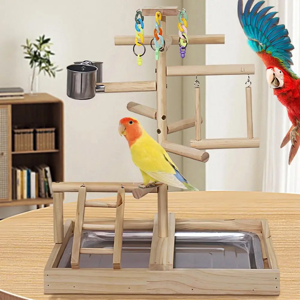 Parkietenspeeltuin in kooi, kleine vogelstandaard, houten vogelspeeltrap, staande paalschommel, speelgoed voor dwergpapegaaien, valkparkiet - hoogwaardig product