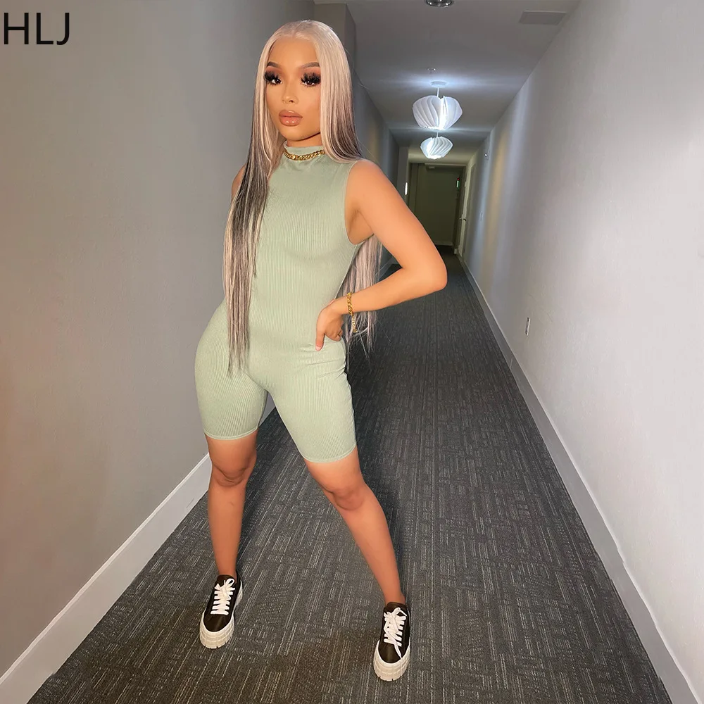 HLJ Summer Solid Color Sporty Rompers Women Round Neck Sleeveless Bodycon Jumpsuits Casual Female Ribber One Piece Overalls 2023