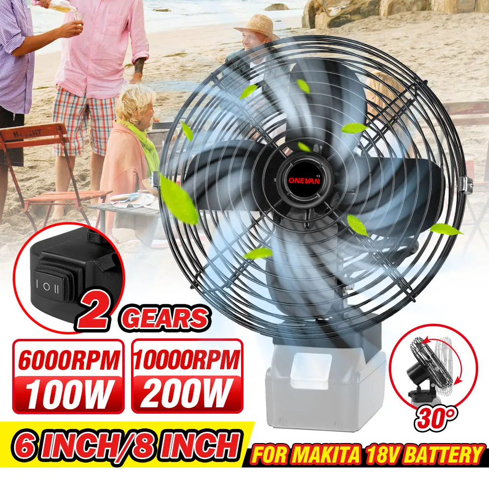 10000RPM 강풍 무선 팬 200W 금속 미니 휴대용 팬, 가정용 야외 캠핑 마키타 18V 리튬 이온 배터리