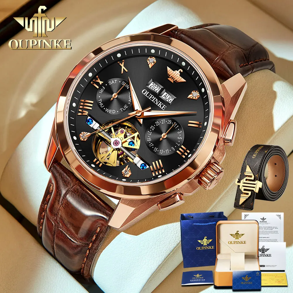 

OUPINKE 3186 Leather Strap Men's Watches Moon Phase Waterproof Flywheel Wristwatch Man Automatic Mechanical Watch Luxury Brand