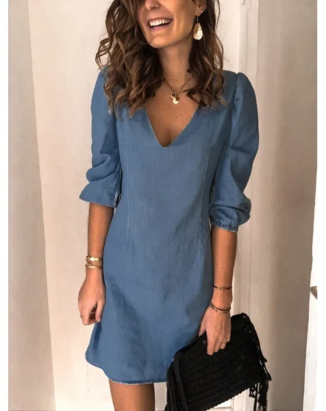 

Summer Dress Women's Sundress Fashion Casual V Neck Half Sleeve Jean Dress Solid Loose Sexy Dresses Vestidos