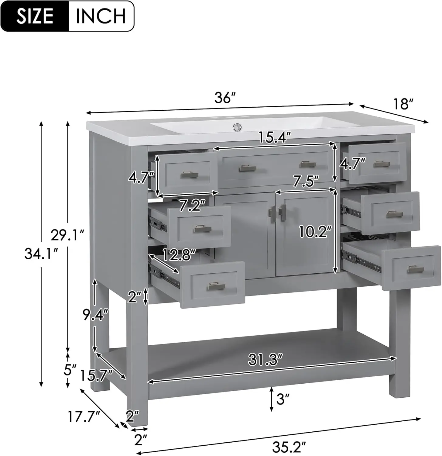 36'' Bathroom Vanity with Single Sink Combo, Modern Bathroom Sink Cabinet with 2 Soft Closing Doors & 6 Drawers 2