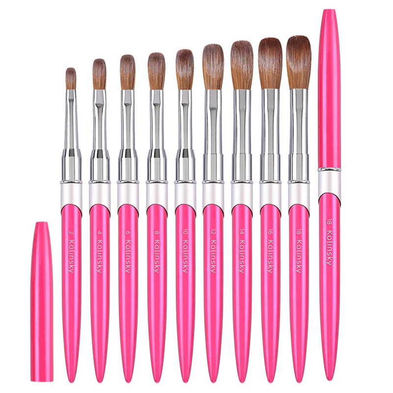 100% Kolinsky Acrylic Nail Brush Oval Crimped Rose Red Handle Professional Good Quality for Acrylic Powder Size 2-16 2