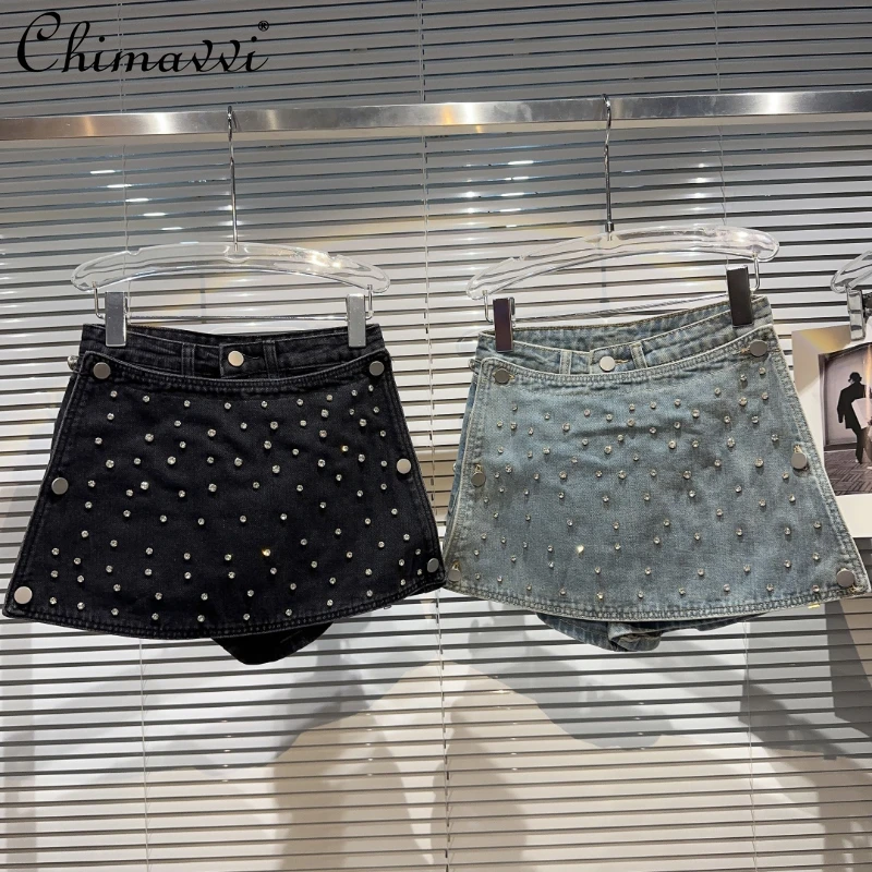 Heavy Industry Starry Rhinestone Beaded High Waist Denim Skirt Female 2023 Summer New Black Pantskirt Mini Skirts for Women ins european american punk rhinestone inlaid belt women s chain woven leather waistband fashion detachable mini bag waist belt