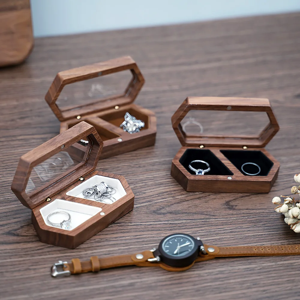 Blank Walnut Jewelry Storage Ring Box Engagement and Wedding Ring Holder Gift for Couples, Brides, and Grooms Ring Box With Bag