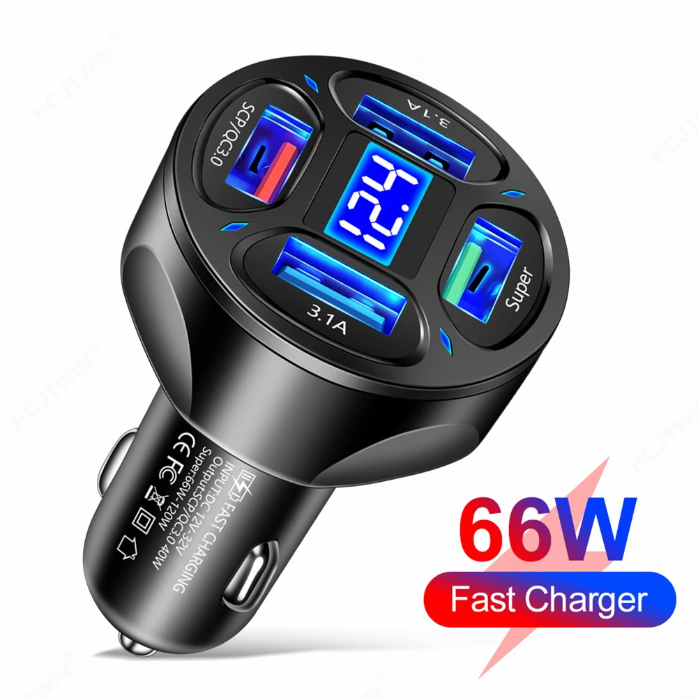 

120W Car Charger 12V/24V 4 USB Ports 66W Fast Charging Cigarette Lighter Adapter LED Voltmeter For Huawei Xiaomi iPhone Samsung