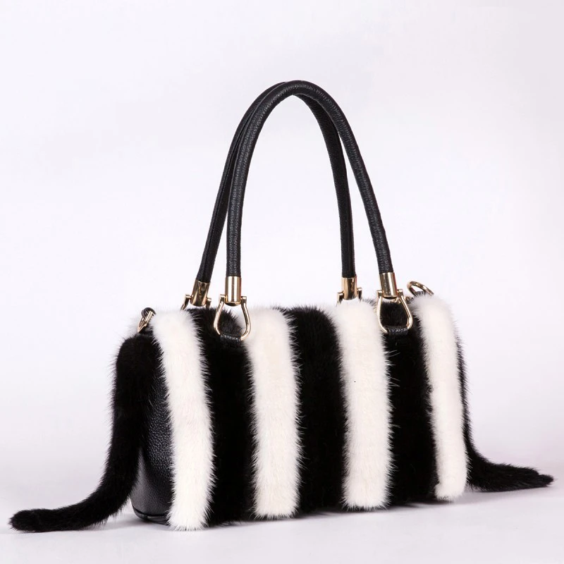 Winter Real Mink Fur Bag Luxury Brown Handbags Women High Quality Crossbody Bag Furry Large Capacity Striped Shoulder Handbag