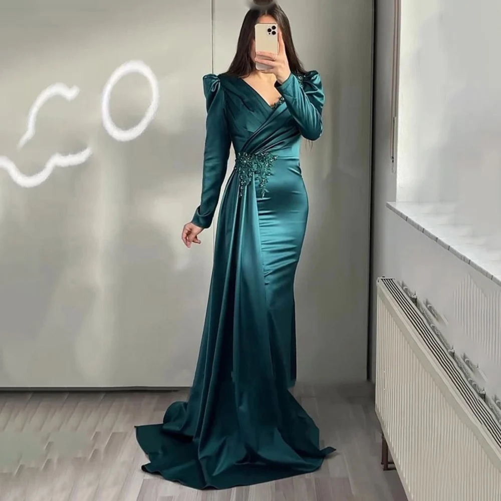 

Exquisite Long Sleeve Arabic Evening Dress 2022 New Emerald Green Elegant Mermaid Satin Dubai Women Formal Party Evening Gown
