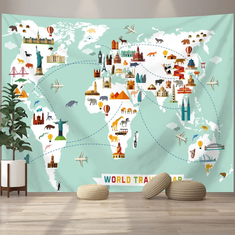 

Animal World Map Tapestry High-Definition Map Fabric Children's Room Decoration Tapestry Wall Hanging Garden Posters for Outside