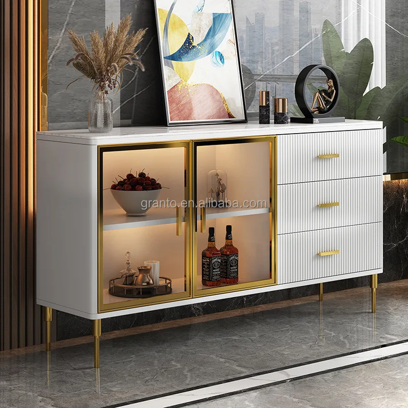 New design dining room furniture gold stainless steel wine cabinet with drawer silver wall cabinet