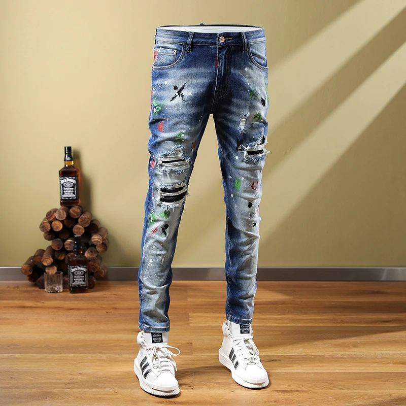 High Street Fashion Men Jeans Stretch Trousers Retro Blue Elastic Skinny Ripped Jeans Men Painted Designer Hip Hop Pants Hombre