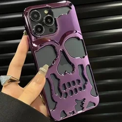 Carbon Fiber Pattern Skull Face Phone Case with Alien Ghostface Heat Dissipation Design - iPhone 14 Pro (Plating purple)