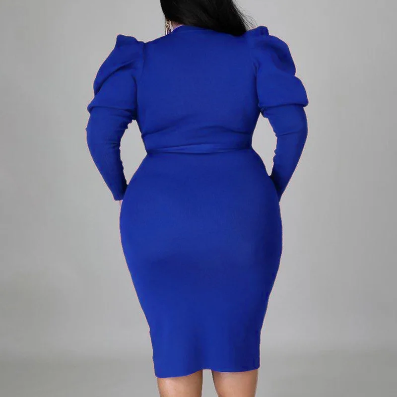 Elegant Plus Size Women's Clothing Round Neck Solid Color Bag Hip Lacing Long Sleeve Autumn Slim High Waist Midi Evening Dress