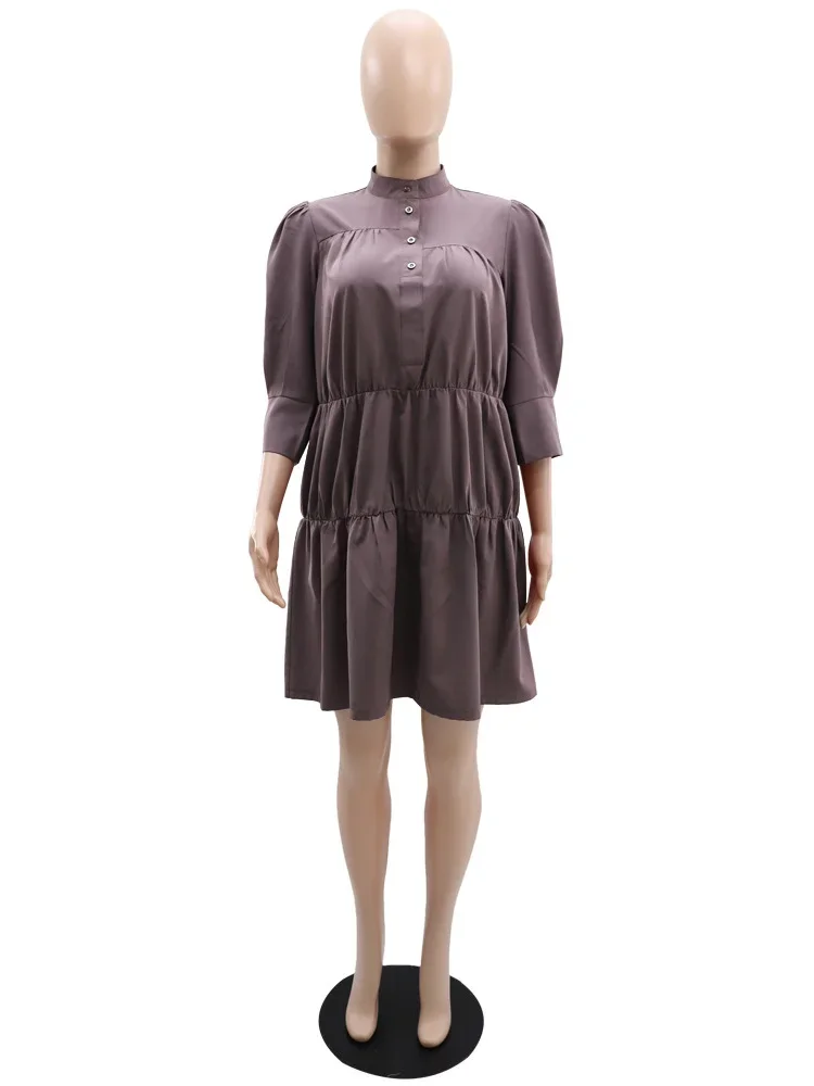 Wmstar Elegant Women Summer Solid Color Short Dress Fashion Long Sleeve High Neck High Waist Clothes Party Casual Mini Dresses