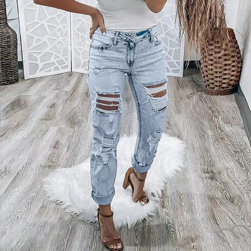 

Women's Jeans Washed Ripped Light Casual Trousers 2023 New High Waist Hole Jeans Women Demin Pants