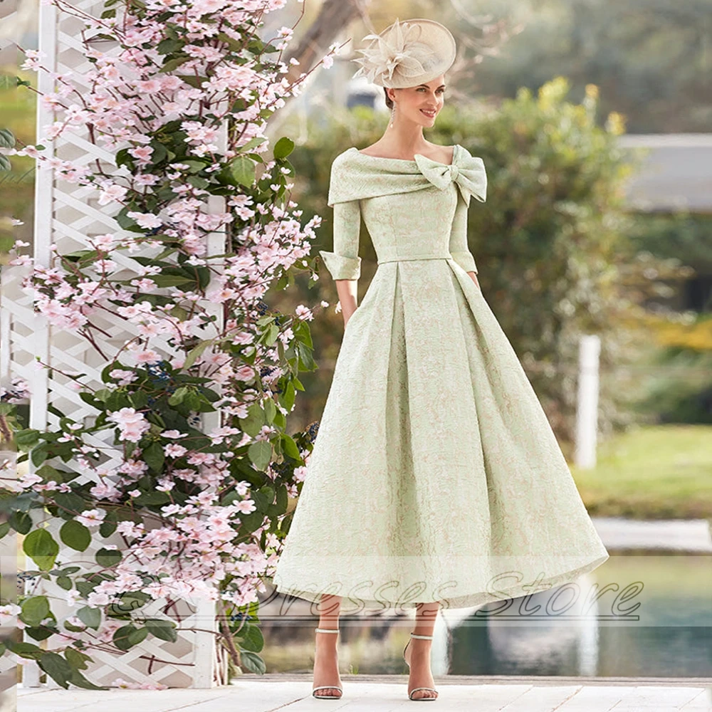 New Pretty Light Green Aline Mother of the Bridal Dress Tea Length Boat Neck Guest Wedding with Bow for Elegant mother bride dresses