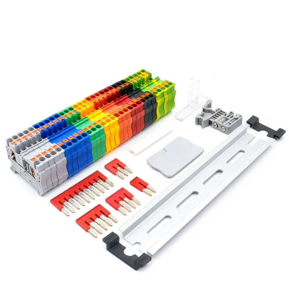 Din Trilho Terminal Block Kit Plug-in Jumper Ponte Marcador Montagem Strip Combinado tipo Mola 12awg End Cover Stop Pt2.5 Conjunto