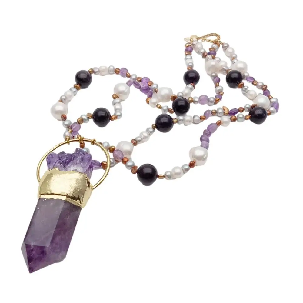 

Y·YING 2 Rows Cultured White Pearl Amethyst Necklace Purple Amethyst Point Druzy Pendant