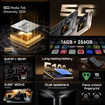 Smartphone 5G Cubot X100, Android 15, Dimensity 7025, 6 nm, 2,5 GHz, pantalla de 6,88 pulgadas y 120 Hz, 16 GB de RAM (8 GB + 8 GB ampliados), 256GB de ROM, cámara 64MP, batería 5100mAh, celulares baratos, celular NFC 2