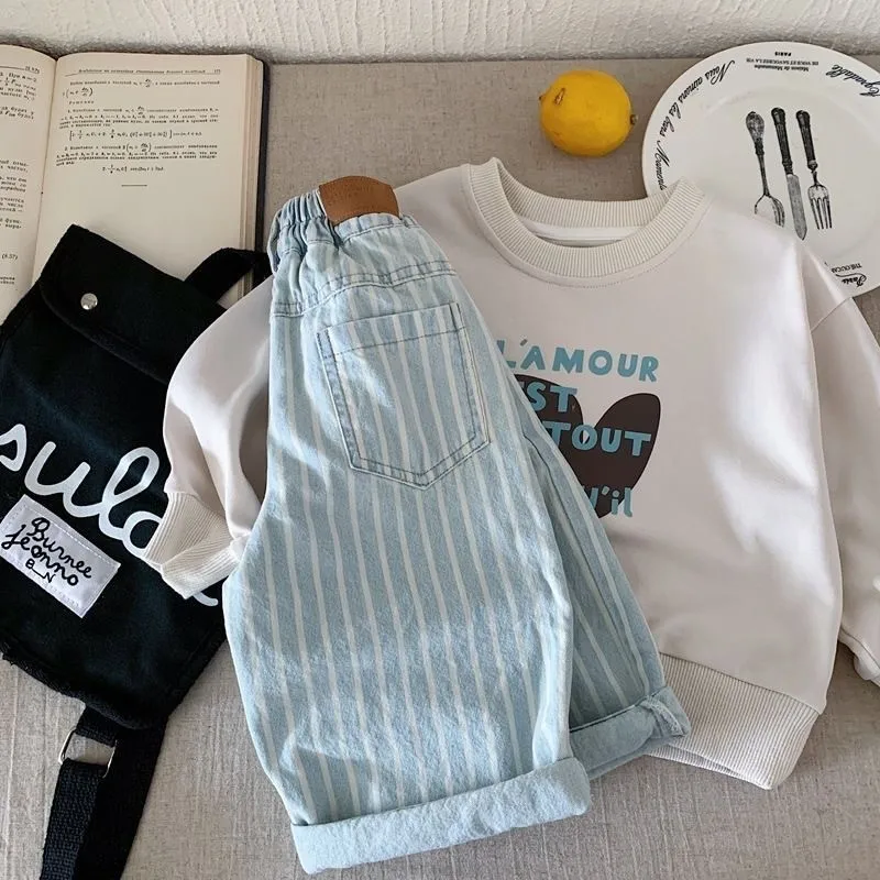  소년 소녀 면 데님 스트라이프 바지  아동 청바지 바지 패션 봄 가을 여름  옷 1-5Y