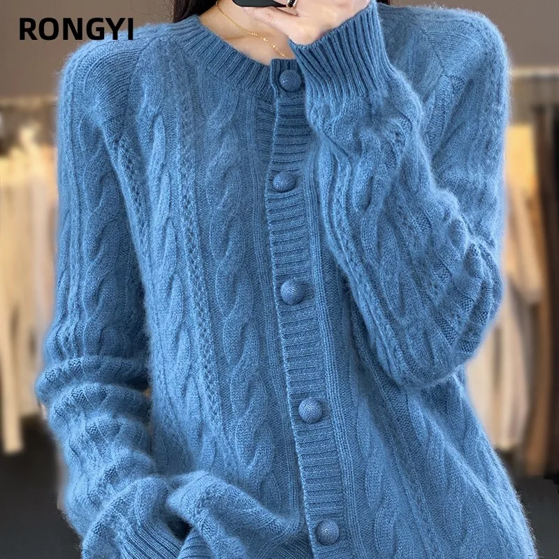 RONGYI 100% 울 캐시미어 가디건, 라지 사이즈 트위스트 코트, 하이엔드 니트웨어, 스웨터 셔츠, 루즈한 여성 두꺼운 상의, 가을 겨울 신상
