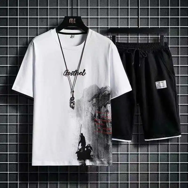 

Summer Men's Sports Short Sleeved T-shirt And Shorts Two Piece Sets Breathable Ruffled Letter Tracksuit Men Outfits Sets