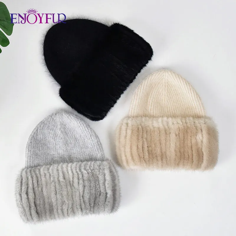 ENJOYFUR Women Winter Angora Hats With Real Mink Fur Knit Brim Female Thick Warm High Quality Mink Fur Knitted Hats 6