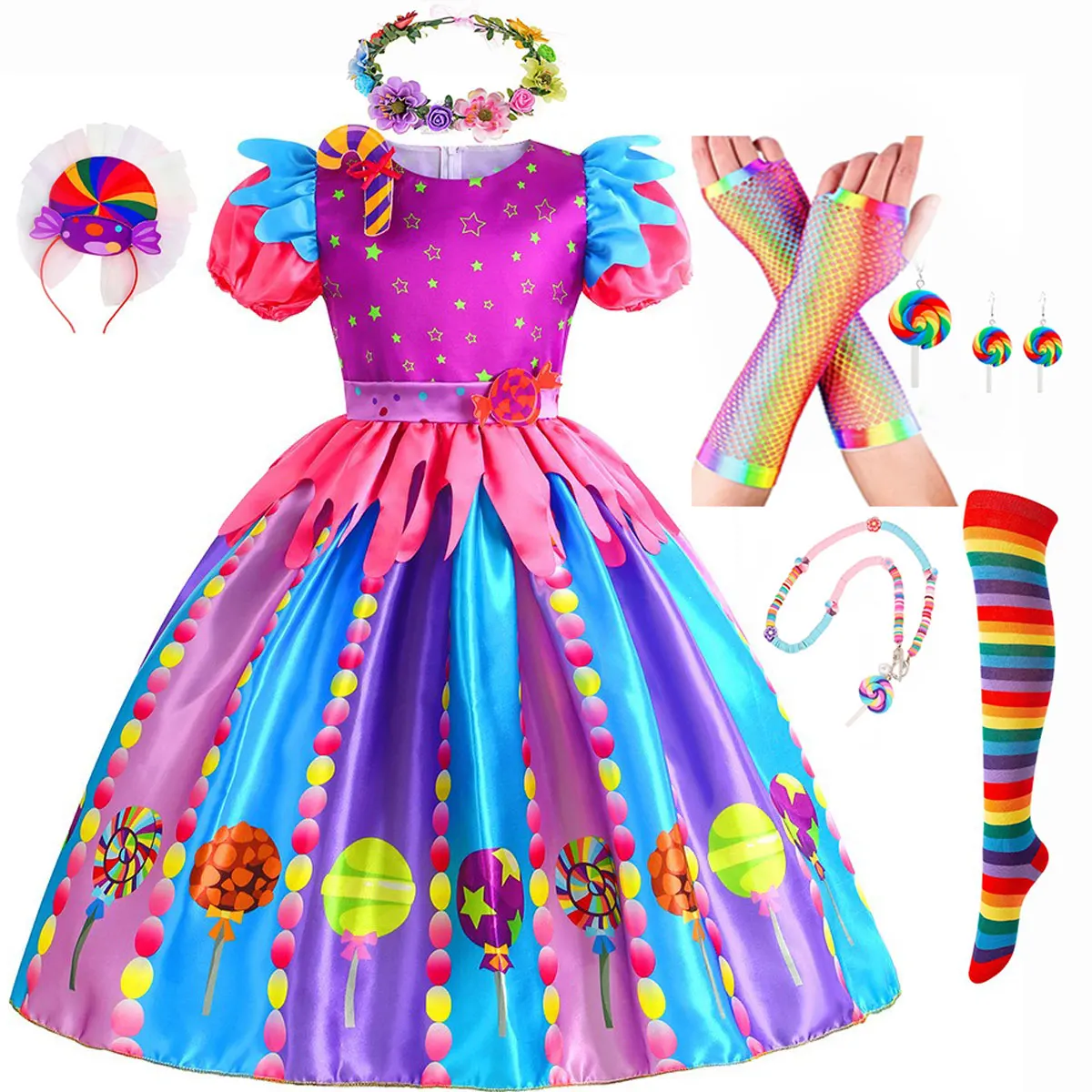 

New Sweet Lollipop Candy Girl Dress Carnival Party Little Kids Birthday Costume Fancy Rainbow Tutu Children Wedding Clothes