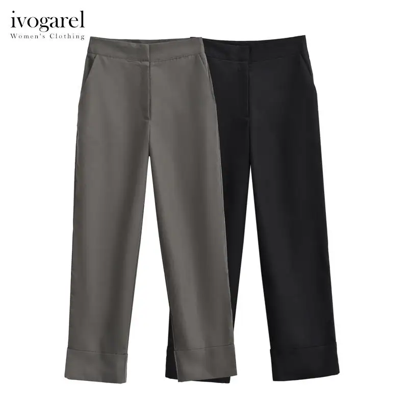 

Ivogarel Straight-Leg Trousers with Turn-up Hems Women's Autumn Casual High-waist Trousers Chic and Elegant Pants