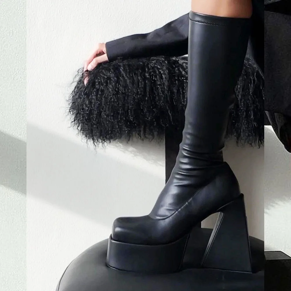 Winter Women High Heeled Boots Mid Calf Platform Shoes Chunky Non Slip platform boots,women boots