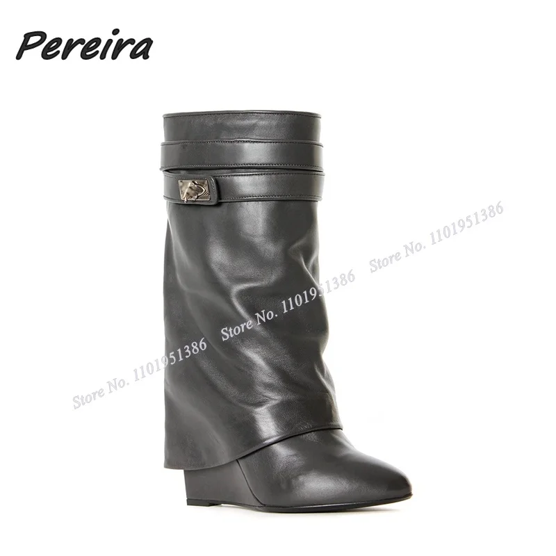 

Pereira Black Mid Calf Shark Boots Buckle Decor Wedges High Heels Shoes for Women Solid New Botas Fashion Runway Shoes on Heels