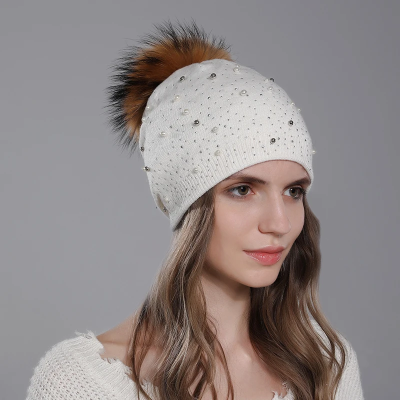 CNTANG Decorate Pearl Women Beanie Knitted Wool Hats Fashion Natural Raccoon Fur Pompom Hat Autumn Winter Warm Casual Ladies Cap 5