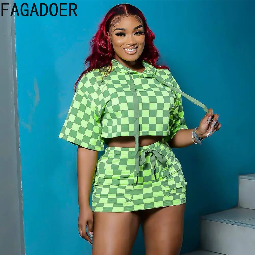 FAGADOER Fashion Plaid Print Hooded Shorts Sets Women Short Sleeve Crop Top And Mini Skirts Two Piece Outfits Summer Suits Green