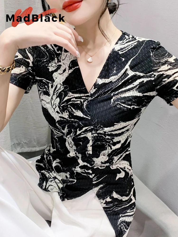 

MadBlack Summer European Clothes Tshirts Women Sexy V Necks Printed Mesh Slim Tops Short Sleeve Slit Tees New 2023 T36420JC