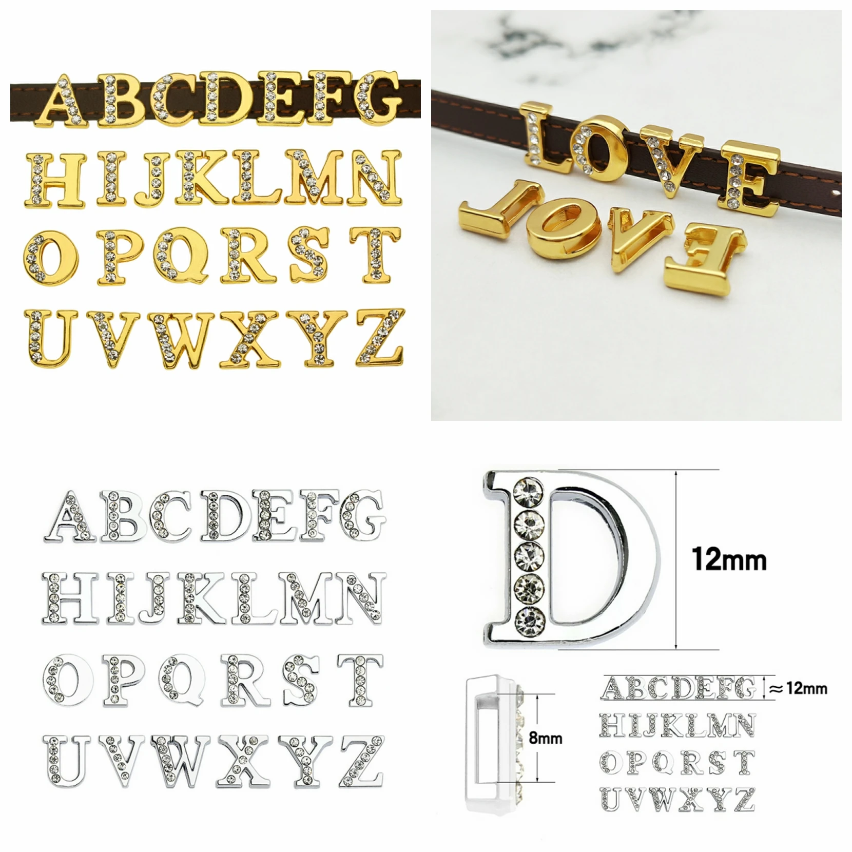 Half Rhinestone Slide Letter Charms A-Z Women Jewelry Necklace Making Supplies for Bracelet Pet Collar Keychain DIY 1pc