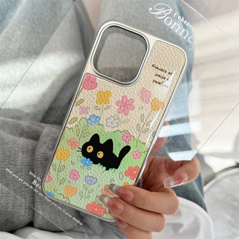 Leather Texture Phone Case - Cat in the Flower Bed Design