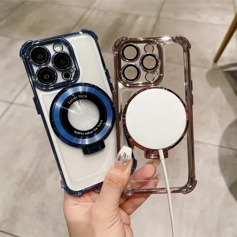 Fashion Plating Shockproof Magnetic Bracket Case with Stand Holder and Clear Cover