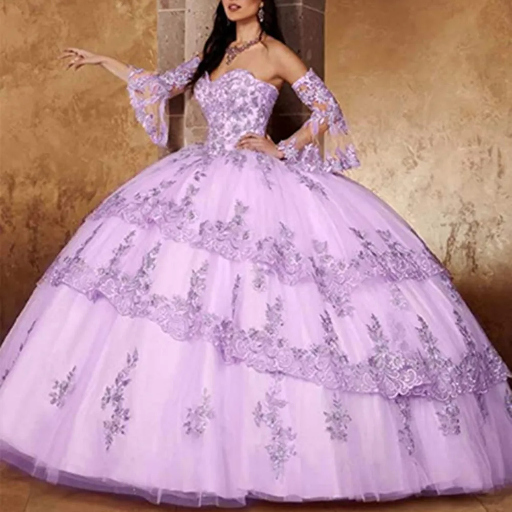 

Lorencia Purple Quinceanera Dress Ball Gown Sweetheart Detachable Sleeve Ruffles Appliqued Sweet 16 Vestidos De 15 Años YQD586