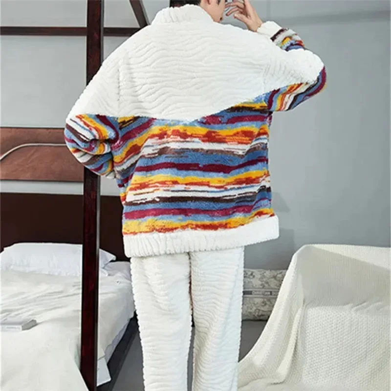 Man pajamas set Men's Winter Warm Coral Fleece Pajamas Set Fluffy Coat+Long Pants Male Sleepwear For sleeping 2 Pieces Home Wear Loungewear