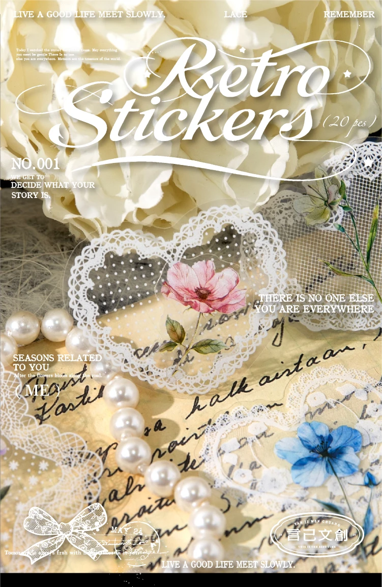 20 Stück Spitzenaufkleber, niedliche Ästhetik, Dekor, Collage, Junk Journal, Scrapbooking-Zubehör, selbstklebende kreative Schreibwarenaufkleber – Detail 1