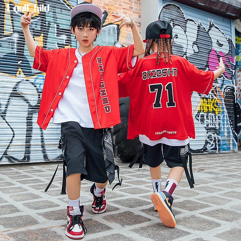 

Hip Hop Boys Short Sleeve Red Jacket Street Dance Cargo Shorts Girl Summer Jazz Top Streetwear Kids Costumes Child Clothes Sets