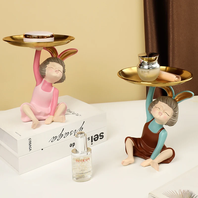 

Resin Rabbit Girl Sculpture Decorative Figures Keys Tray Jewelry Storage Nordic Tray For Decoration Statues For Home Decor budha