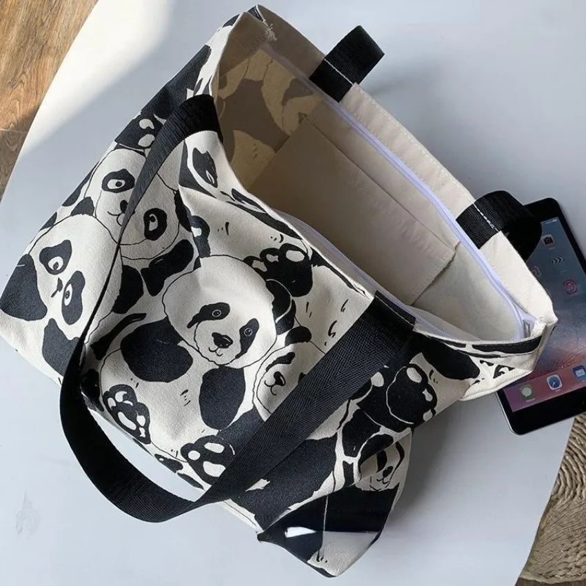 Canvas Bag Women's Shoulder Chinese Style High Capacity Zipper Canvas Bag Portable Shopping Bag Double Cute Panda Sided Printing Canvas Bag Women's Shoulder Chinese Style High Capacity Zipper Canvas Bag Portable Shopping Bag Double Cute Panda Sided Printing