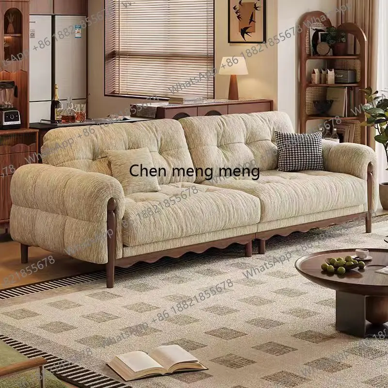 Cream Sofa Living Room Nordic Log French Solid Wood Vintage Chenille Removable and Washable Fabric Sofa