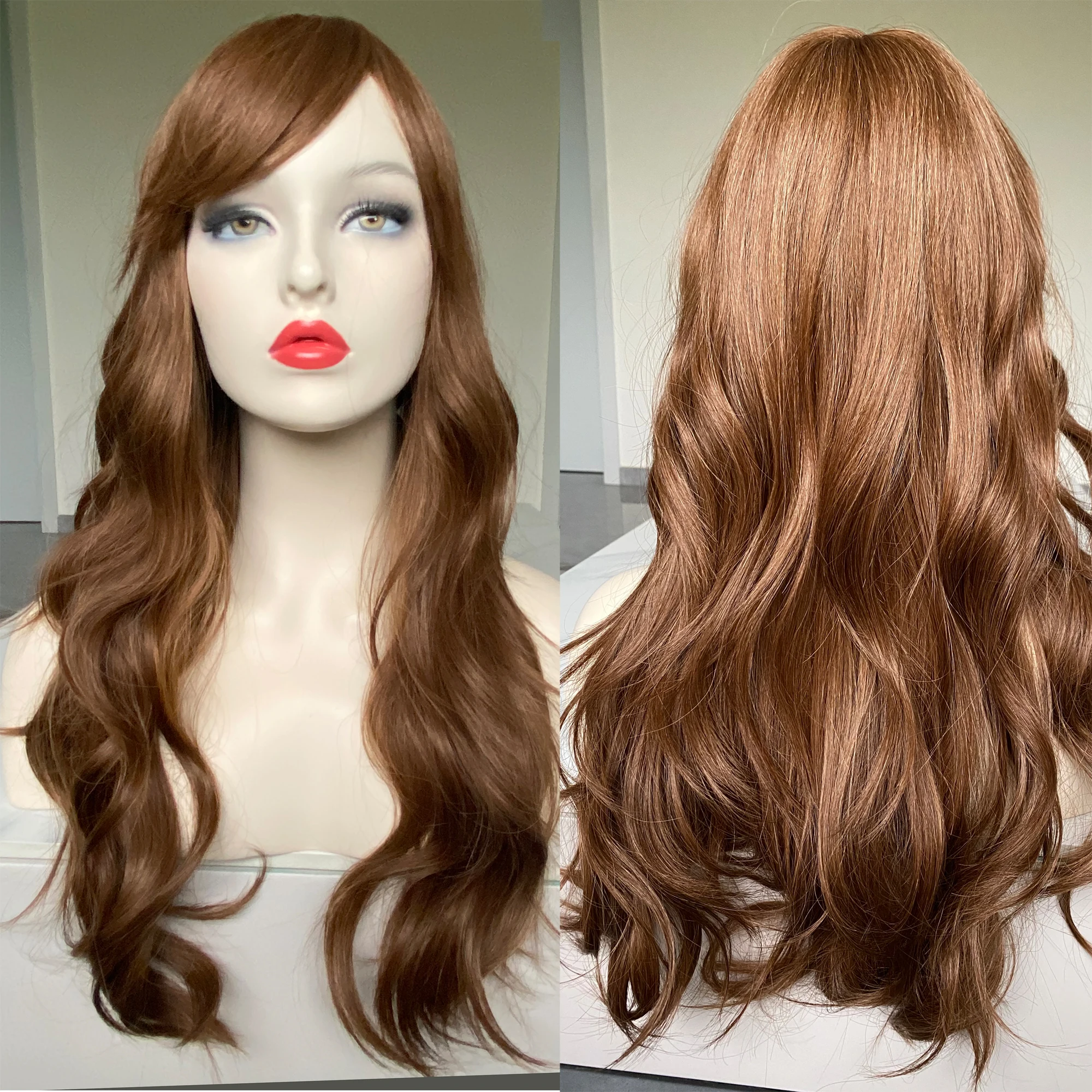 

VDFD Long Curly Synthetic Wig Cosplay Light Brown Ombre Dark Root Hair with Middle Part for Women Daily Heat Friendly