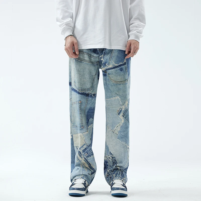 Gradient men's jeans street handsome trend fashion loose models Washed straight splicing high street wide leg casual pants