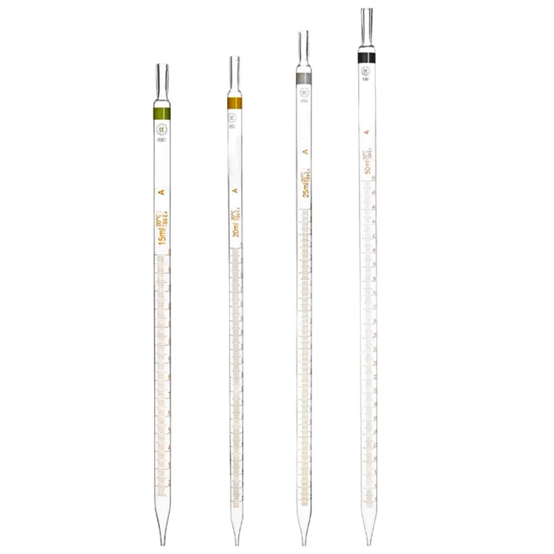 스포이드 링 눈금 피펫 유리 피펫, A 등급 실험실 장비, 0.1 ml, 0.2 ml, 0.5 ml, 1 ml, 2 ml, 5 ml, 10 ml, 15 ml, 20 ml, 25 ml, 50ml