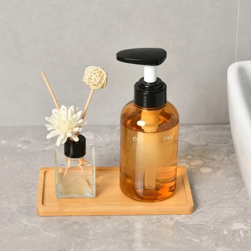 Simple Bamboo Wooden Bottle Tray Oval Rectangular Organizer for Bathroom Shower Gel Shampoo Jewelry Storage Tray